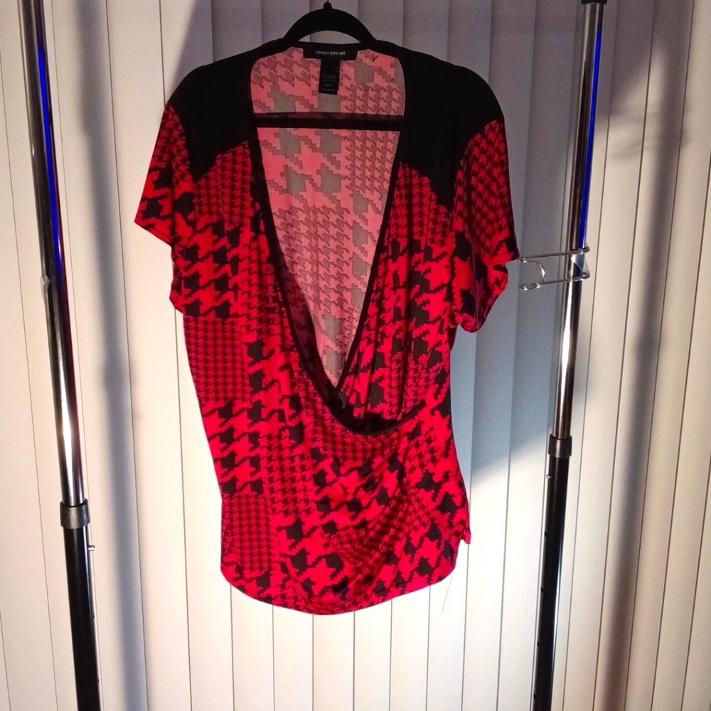Red and Black V Neck Blouse.